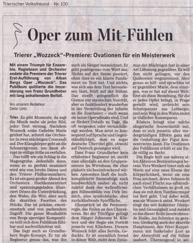 Trierischer Volksfreund 01.05.2007 Wozzeck, Trierischer Volksfreund 01.05.2007